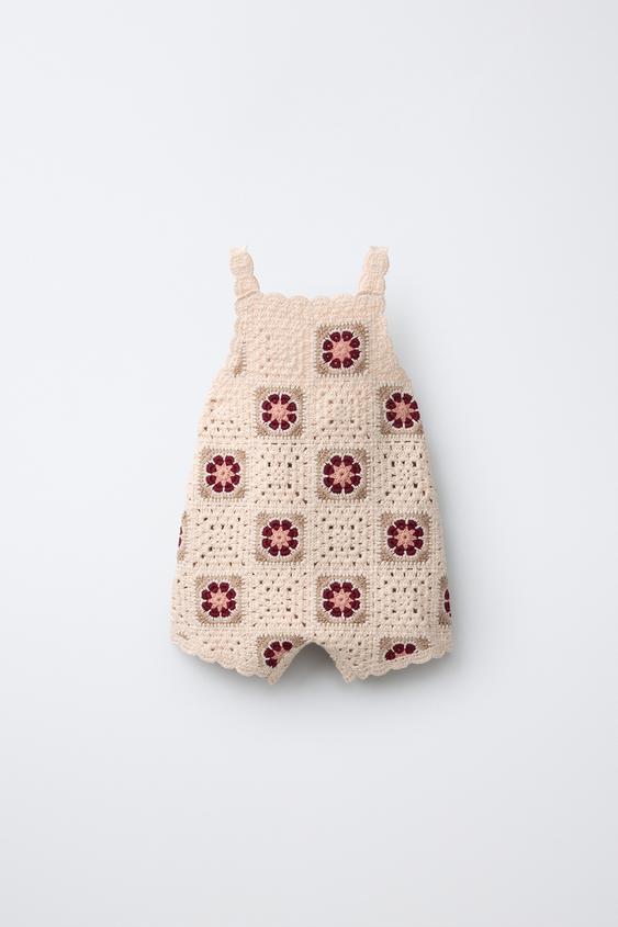 FLORAL CROCHET KNIT DUNGAREES - Light beige by Zara - Image 0