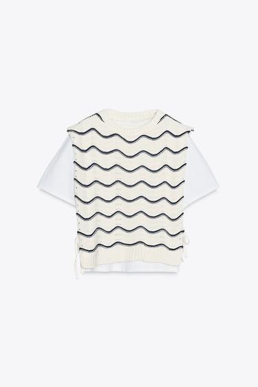 CONTRAST T-SHIRT WITH CHUNKY KNIT VEST DETAIL - Ecru / Navy by Zara