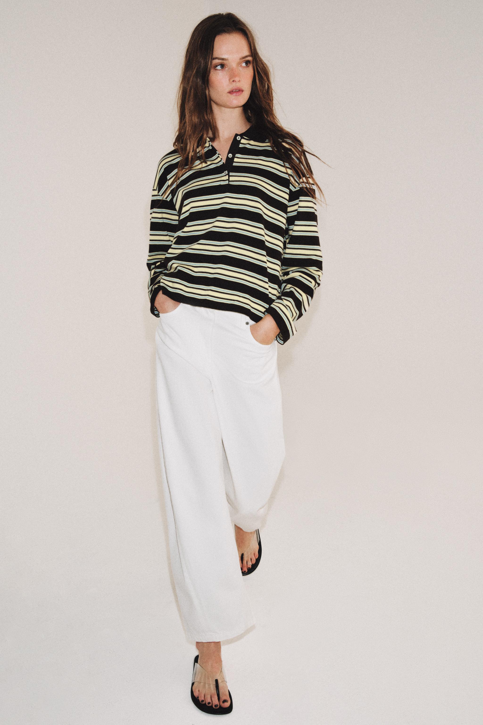 ストライプ柄ロングスリーブポロシャツ - ブラウンブルー | ZARA Japan