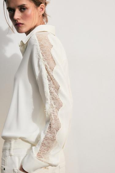 CAMISA PUNTILLA - Blanco roto de Zara