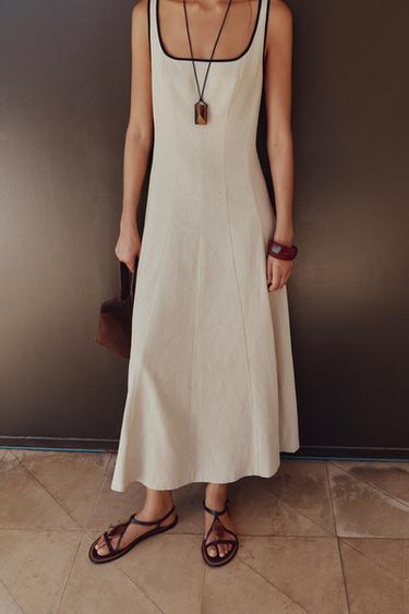 CONTRAST LINEN BLEND MIDI DRESS - Light beige by Zara
