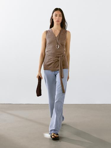 Zara Linen blend knit crossover top - Brown