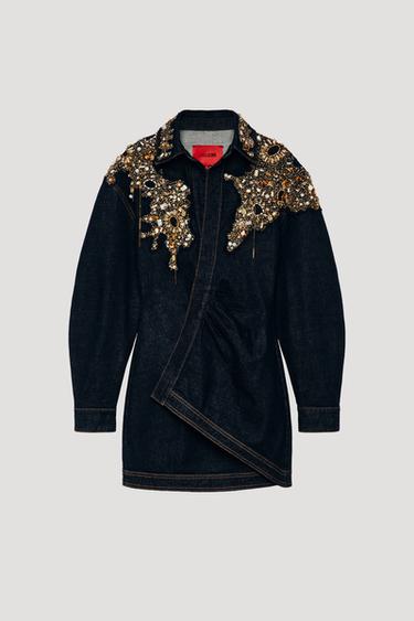 Zara LIMITED EDITION JEWELED DENIM DRESS - Blue