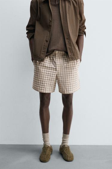 Zara TEXTURED PLAID SHORTS - Beige