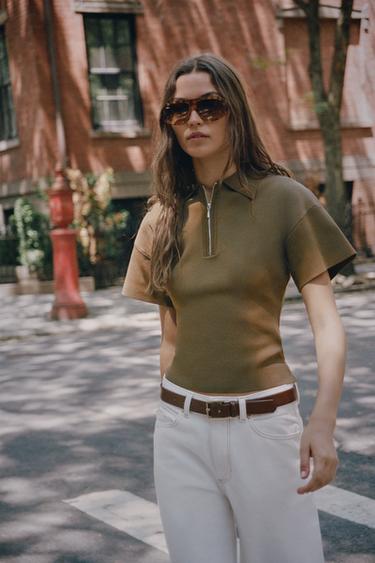 SHORT SLEEVE KNIT ZIP-UP POLO SHIRT - Khaki by Zara - Image 0