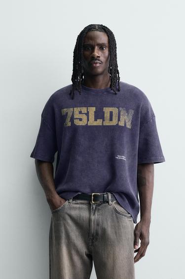 SUDADERA ESTRUCTURA WAFFLE ESTAMPADO LAVADO - Azul tinta de Zara