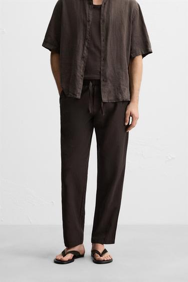COTTON-LINEN RELAXED FIT TROUSERS - Brown by Zara