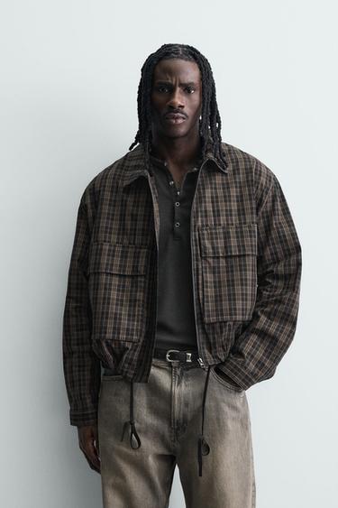 Zara CROPPED FIT PLAID OVERSHIRT - Black / Brown
