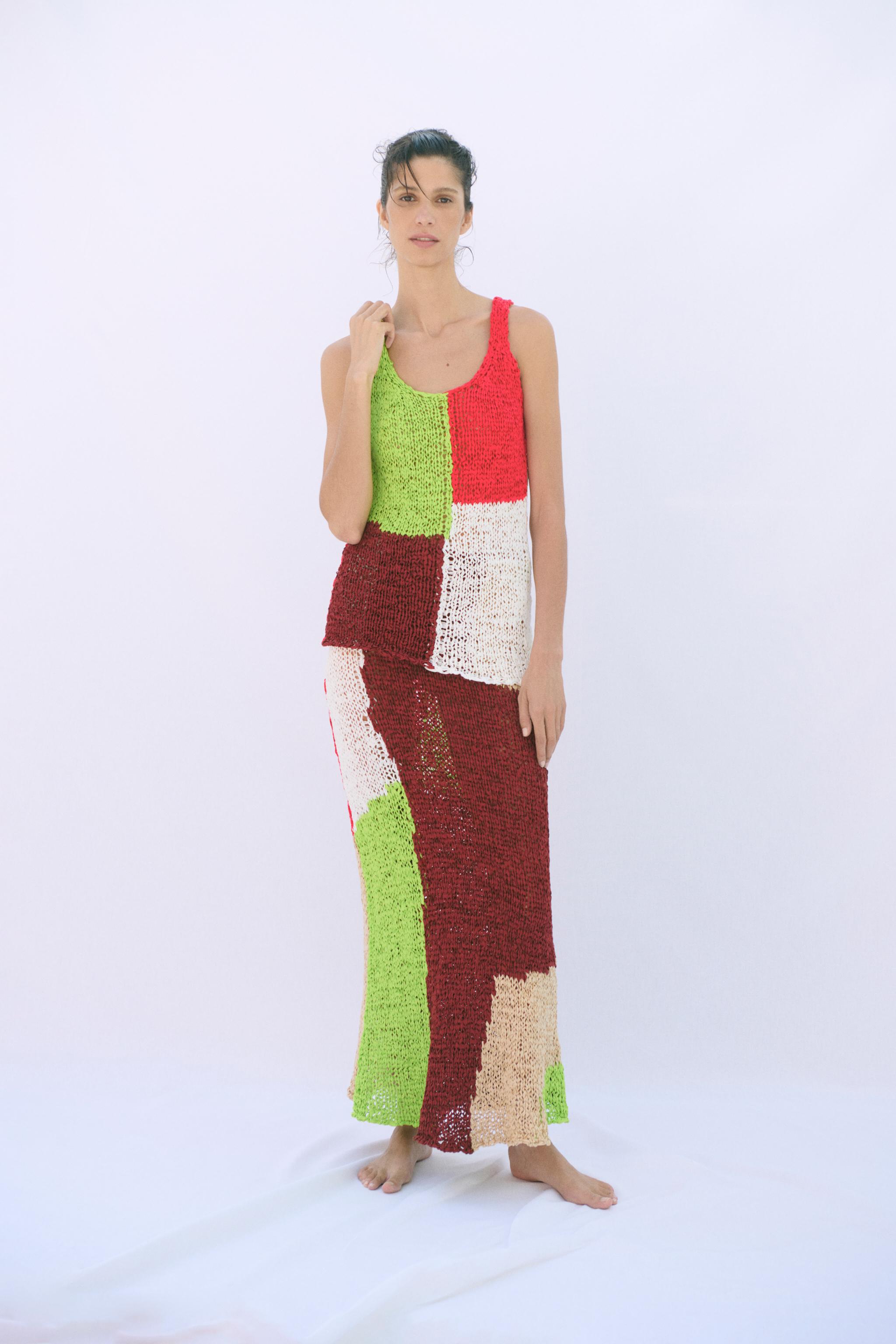 COLOR BLOCK KNIT MIDI SKIRT — Multicolored