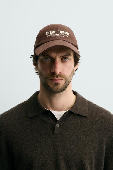 CAP WITH EMBROIDERED SLOGAN - Brown by Zara - Image 0