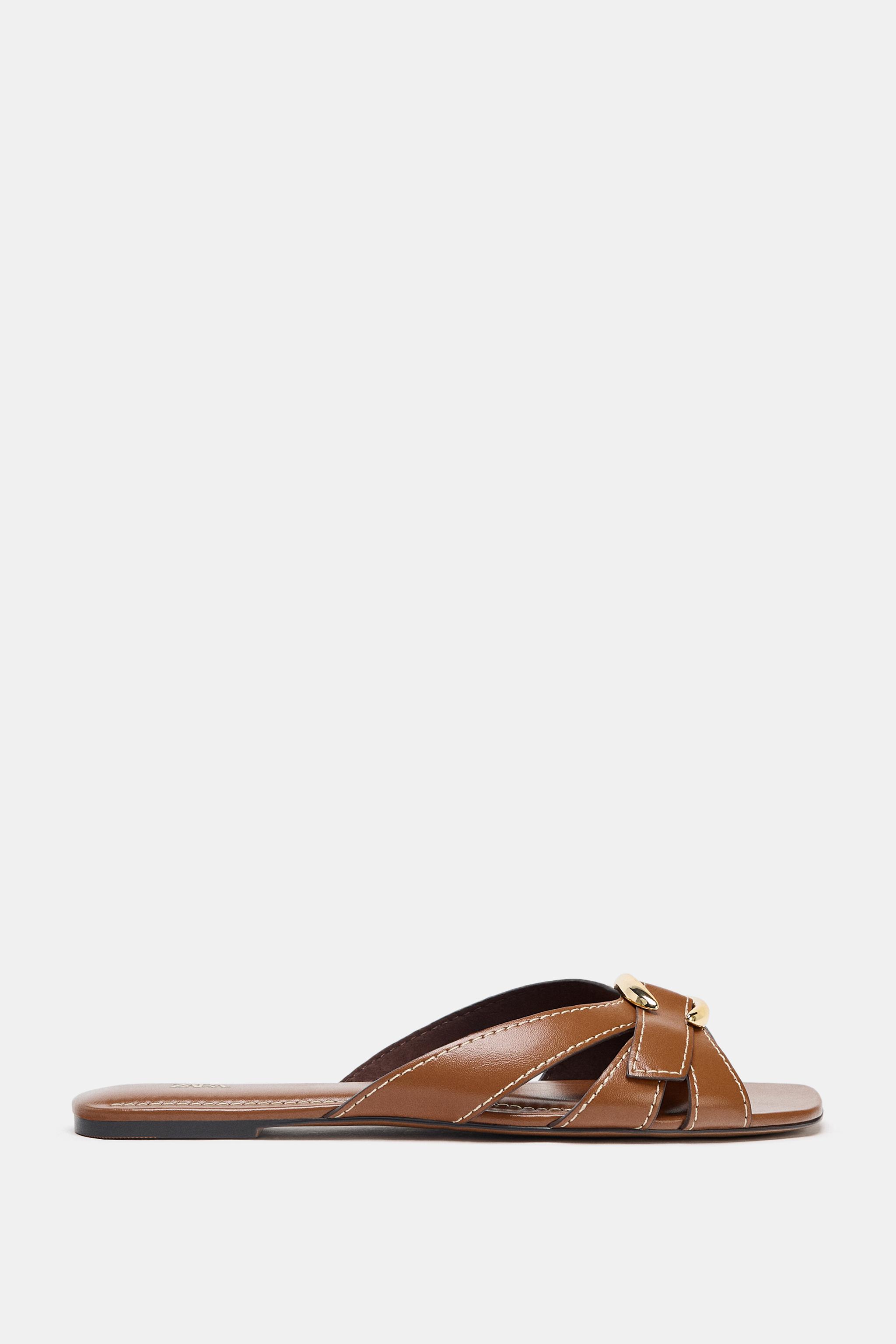 CROSSED SANDALS WITH METALLIC DETAIL - Brown | ZARA United CROSSED SANDALS WITH METALLIC DETAIL - Brown | ZARA United