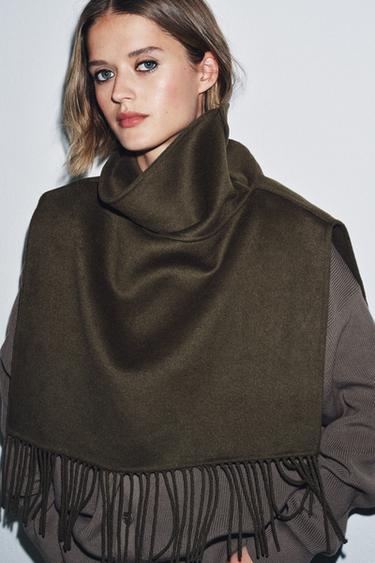Zara FRINGED WOOL SHORT CAPE - Khaki