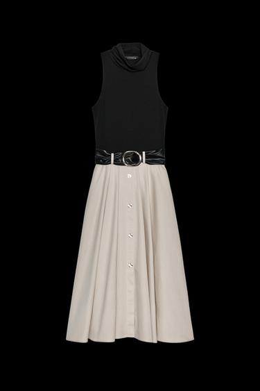 KOMBINIERTES KLEID MIT GÜRTEL - Cremefarben / Schwarz von Zara - Bild 0
