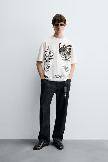 Zara CONTRAST PRINT T-SHIRT - Ecru