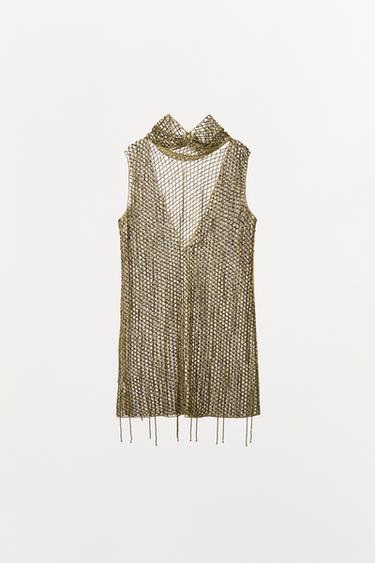EMBROIDERED BEADED MINI DRESS - Golden by Zara - Image 7