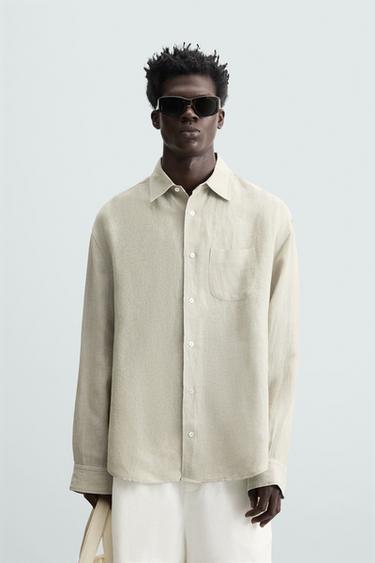 100% HEMP CONTRAST SHIRT - Grey / Natural by Zara