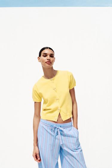 CARDIGAN WITH FAUX PEARL TIES - Yellow by Zara