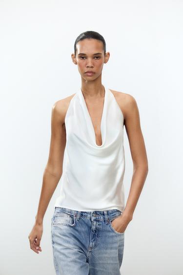 Zara HALTER SATIN EFFECT TOP - White