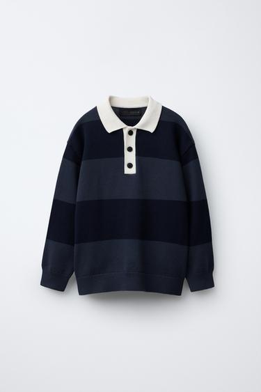 Zara STRIPED KNIT POLO - Blue