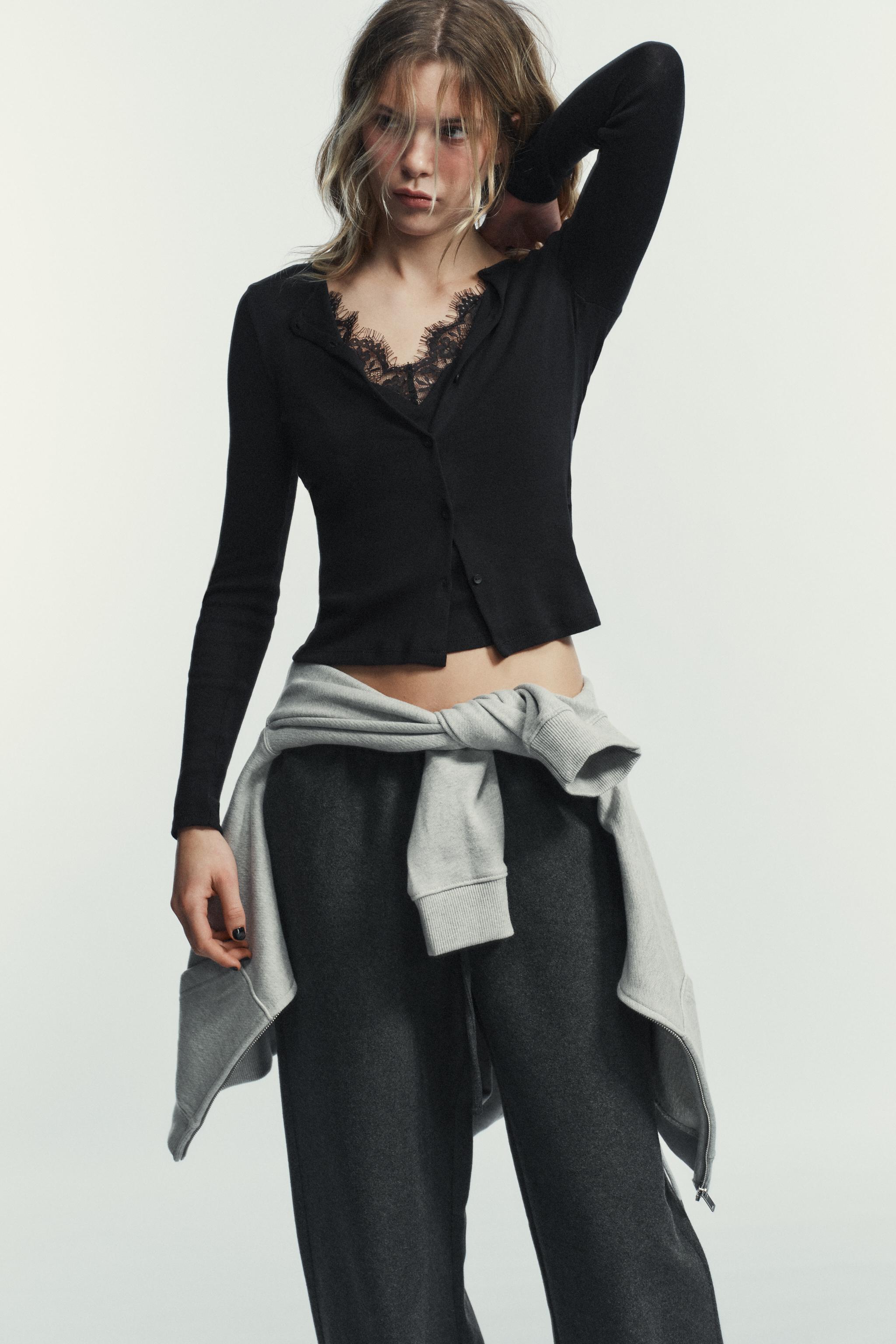 新品 ZARA スタンドカラークラシカルレーストップス 黒 L ブラウス 深田恭子着  スタンドカラー（ブランドザラ）（トップス｜レディース