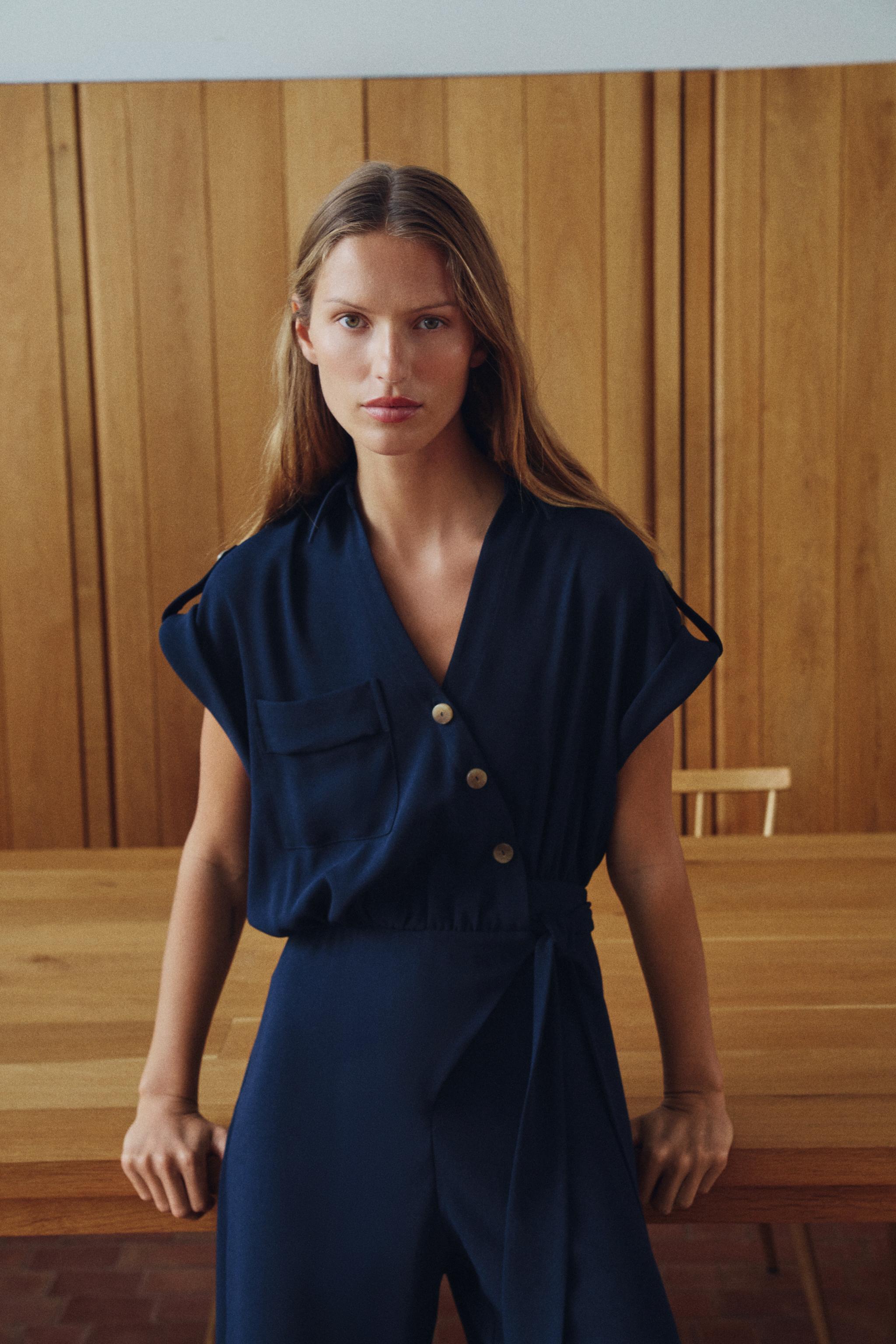 LONG JUMPSUIT WITH BELT — Navy blue