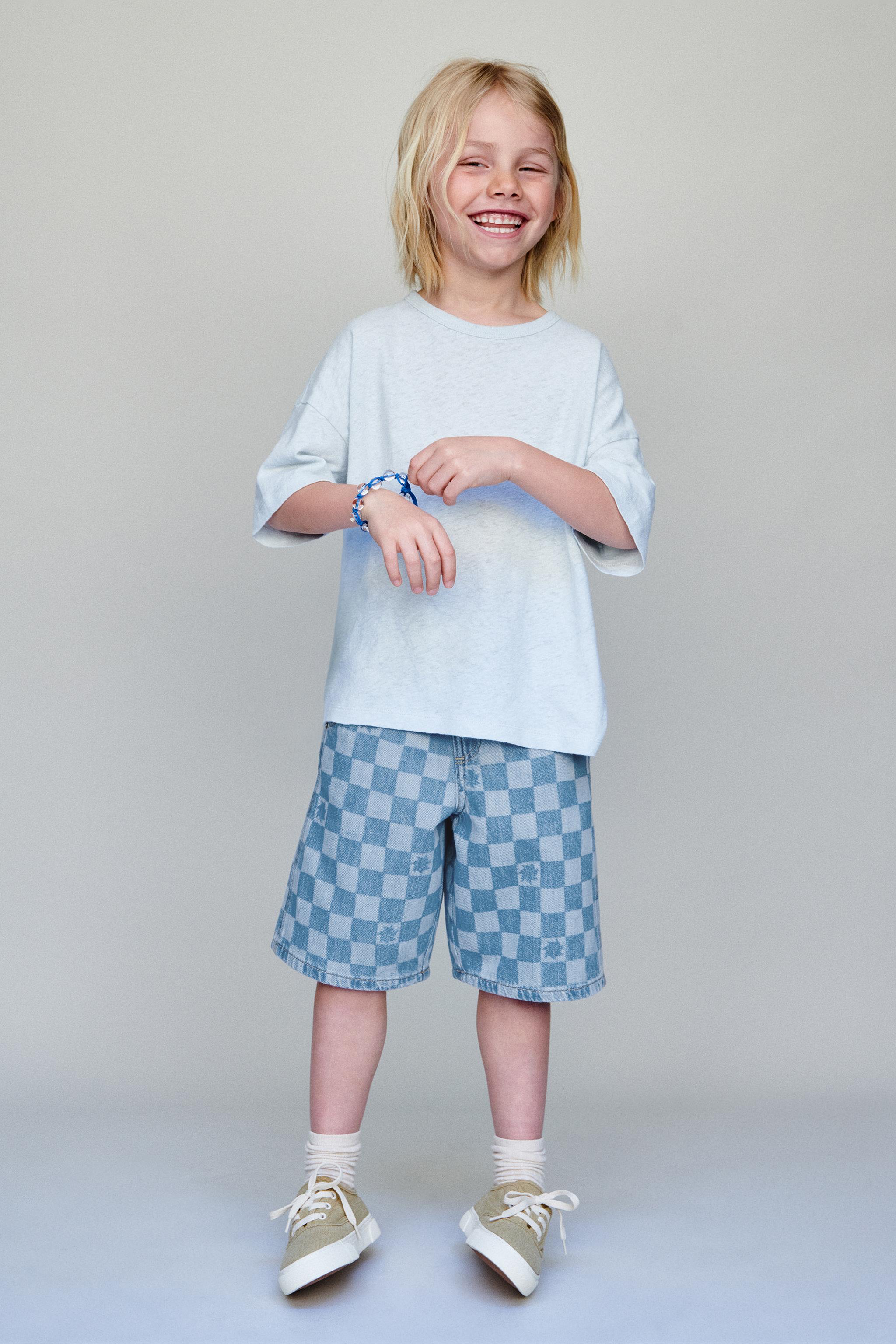 CHECKERBOARD DENIM SHORTS
