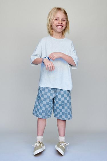 SHORT EN JEAN DAMIER - Bleu clair de Zara