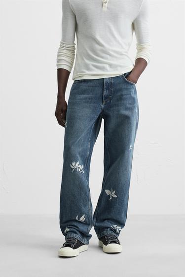 EMBROIDERED RELAXED FIT JEANS - Mid-blue by Zara - Image 1