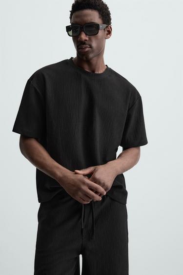 Zara RELAXED FIT STRUCTURED T-SHIRT - Black