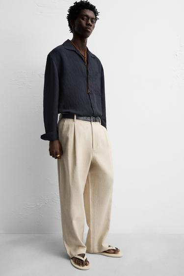 PANTALON LIN - COTON PLIS - Beige clair de Zara - Image 4