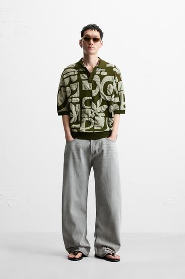 CONTRAST JACQUARD KNIT POLO SHIRT - Greens by Zara - Image 0