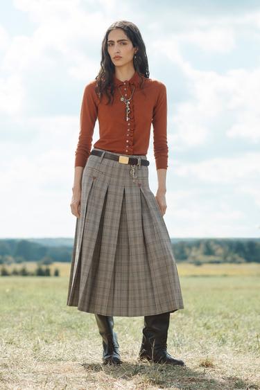 Zara PLAID BOX PLEAT SKIRT - LIMITED EDITION - Brown