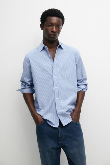 Zara 100% cotton poplin regular fit shirt - Mid-blue