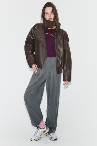LEATHER EFFECT BIKER JACKET - Brown by Zara - Image 0