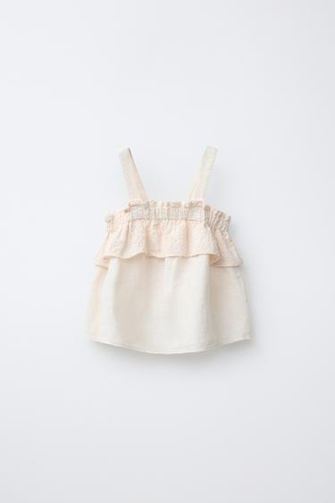 EMBROIDERED FLORAL TOP WITH COTTON AND LINEN - Ecru by Zara