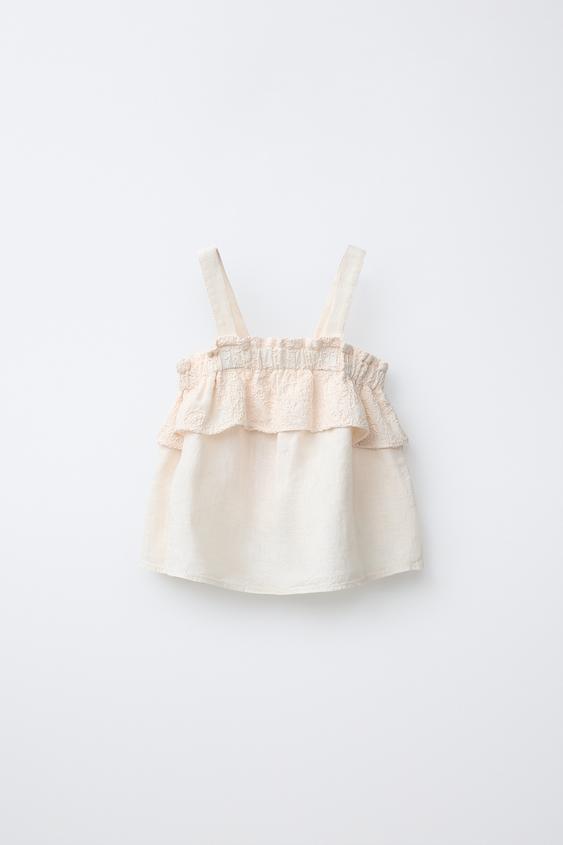 TOP COMBINADO FLORES BORDADAS CON ALGODÓN Y LINO - Crudo de Zara - Imagen 0