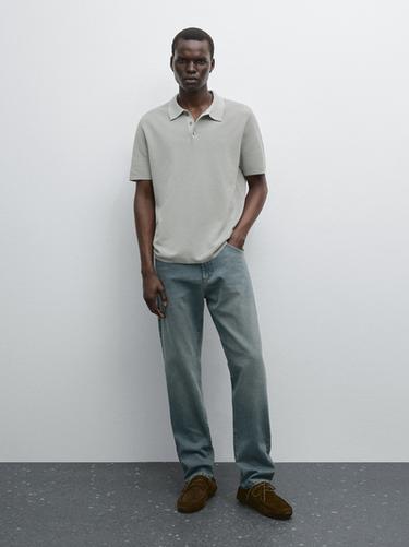 Zara 100% cotton textured knit polo shirt - Sage Green