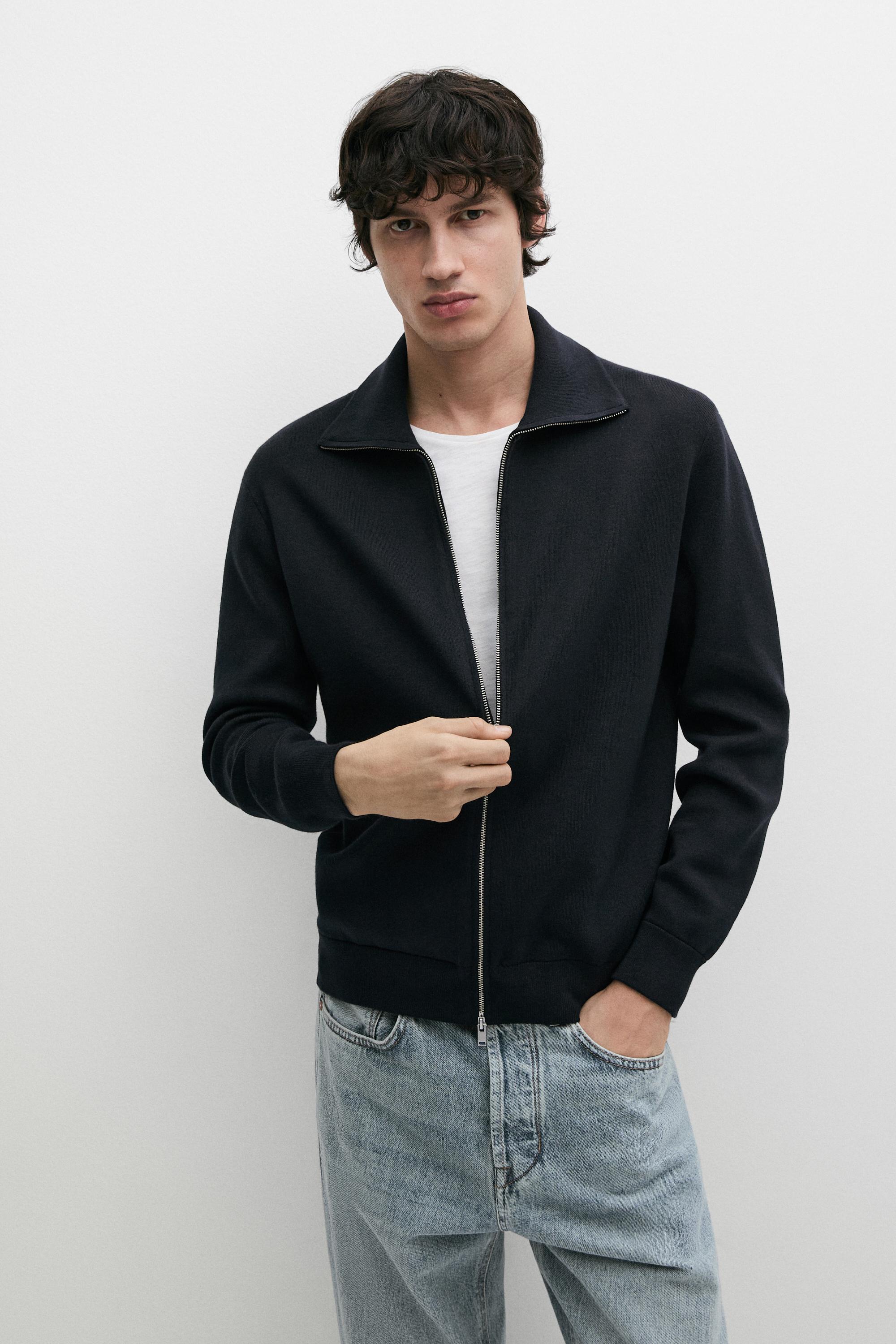 100% cotton zip-up knit cardigan — Navy blue