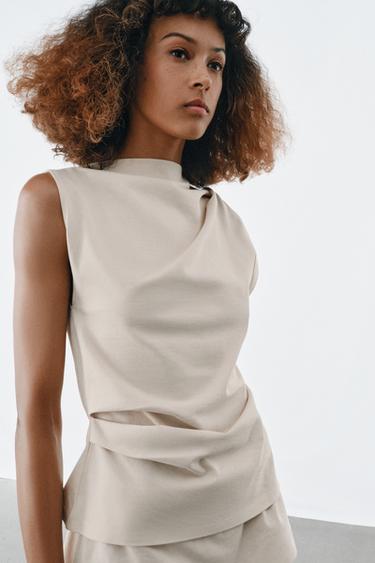 Zara DRAPED COTTON TOP - Ecru