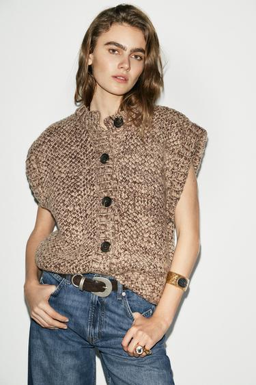 Zara CHUNKY KNIT VEST - Beige-brown