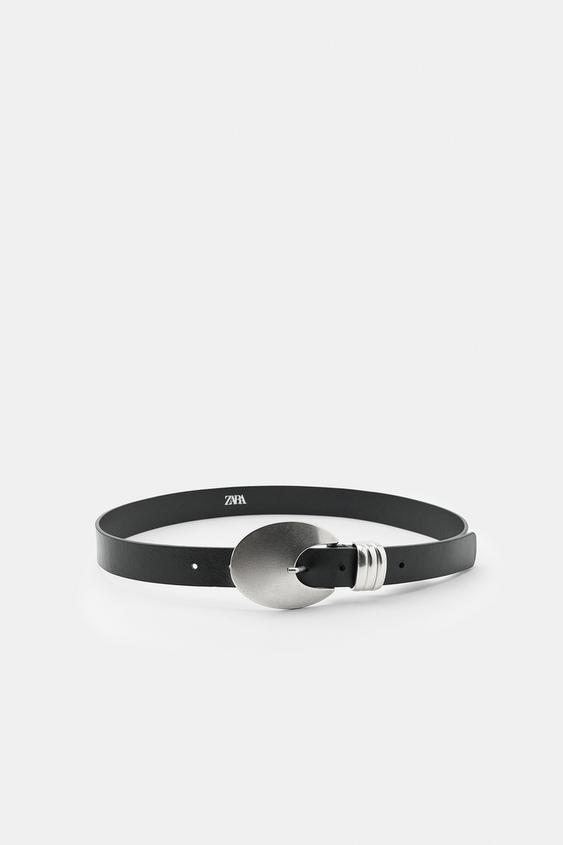 100% LEATHER OVAL BUCKLE BELT - Black by Zara - Image 0