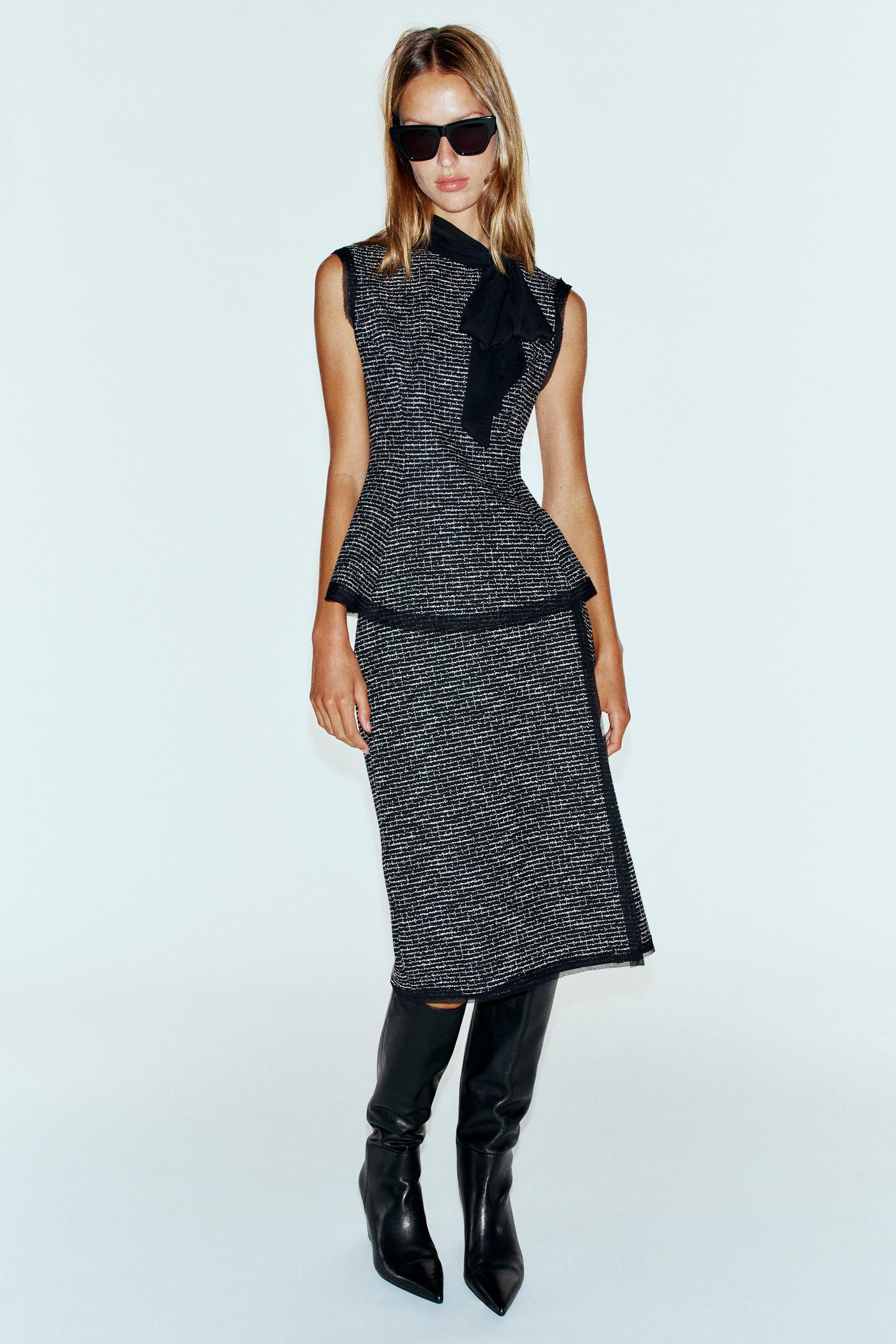 Женский топ Zara Combined Textured Bow Top, цвет: Чёрный / Белый — фото 1
