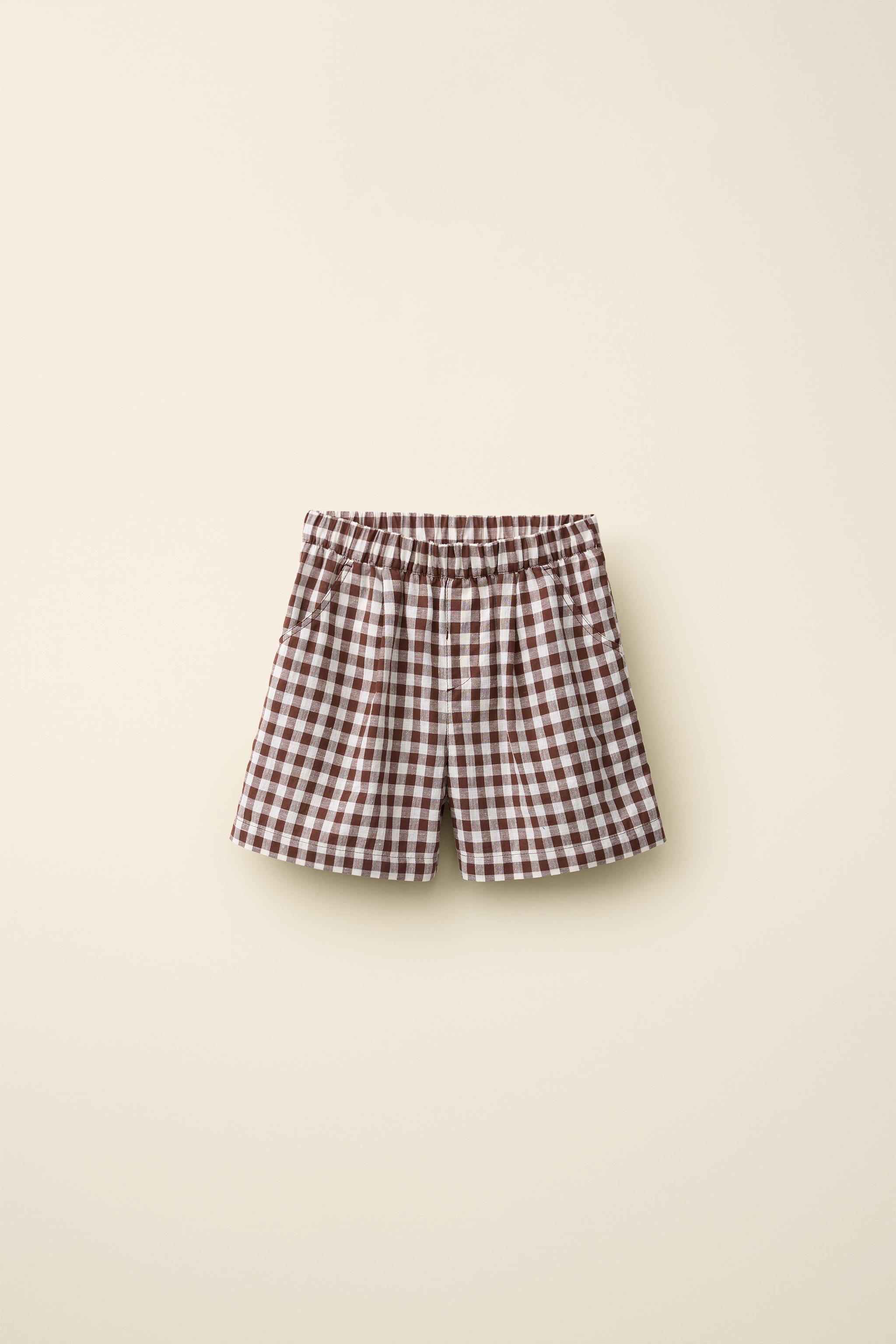 COTTON LINEN GINGHAM SHORTS CREATED BY CARAMEL LONDON X ZARA — Light brown