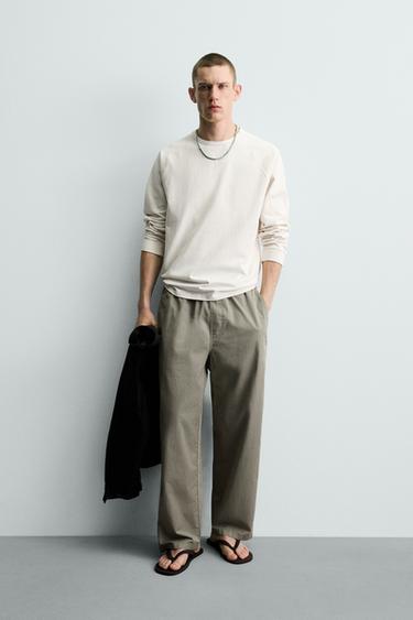 Zara 棉質休閒版長褲 - 淺卡其色