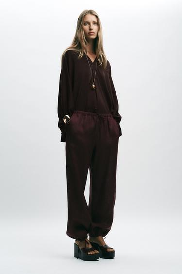 Zara SATIN EFFECT CAPE SLEEVE BLOUSE - Brown