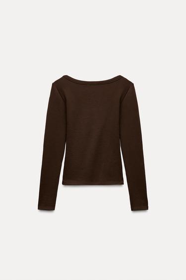 T-SHIRT CÔTELÉ À MANCHES LONGUES - Marron foncé de Zara - Image 5
