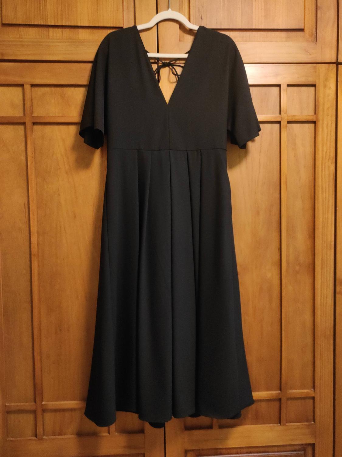 Black short-sleeved dress with a V-neckline and pleated skirt, hanging on a white hanger in front of wooden doors.