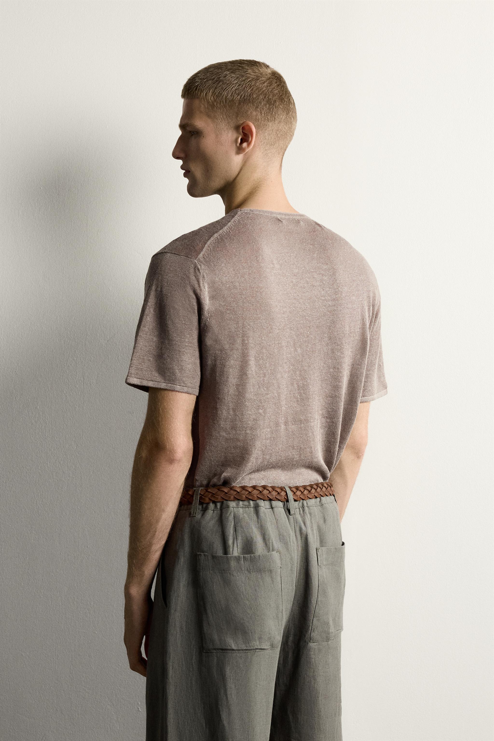 100% LINEN RELAXED FIT KNIT T-SHIRT - Brown / Taupe | ZARA Georgia