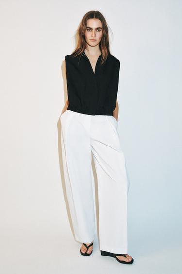 بنطلون بوبلين بكسرات - أبيض الخاص بـ Zara