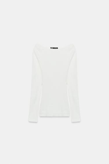 Zara BOAT NECK T-SHIRT - Oyster-white